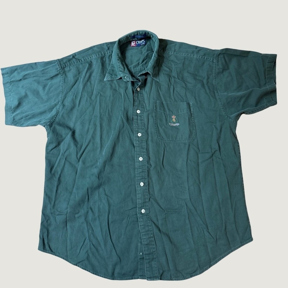 Chaps Ralph Lauren Button Down Mens Green Corduroy Vintage Short Sleeve SIZE XL
